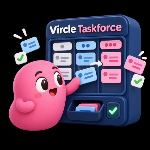 A Vircle Taskforce board with cards moving between columns